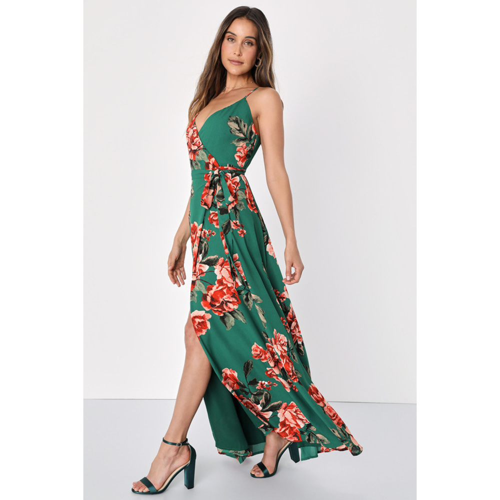 Lulus Floral Flirtation Dark Green Floral Print Wrap Maxi Dress - Size M